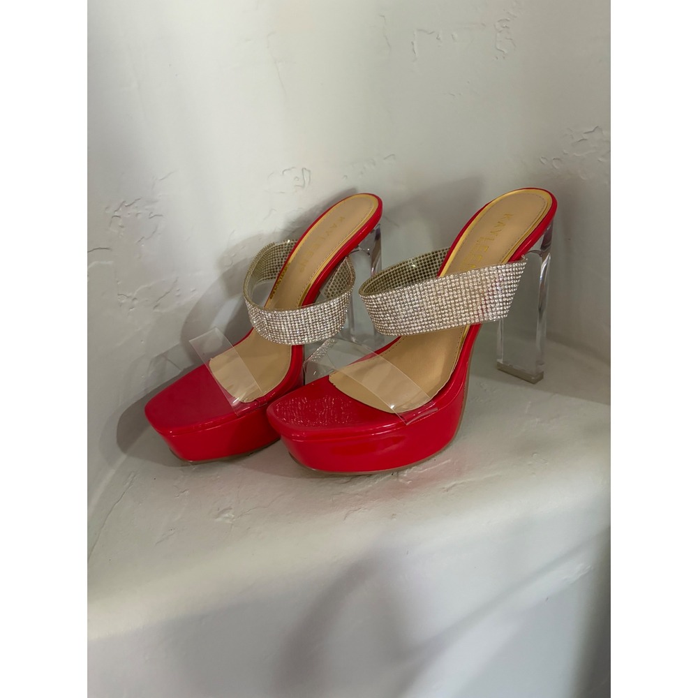 Kayleen Red Patent Rhinestone Platform Sandals Clear Block Heel Billy-7 Size 6.5